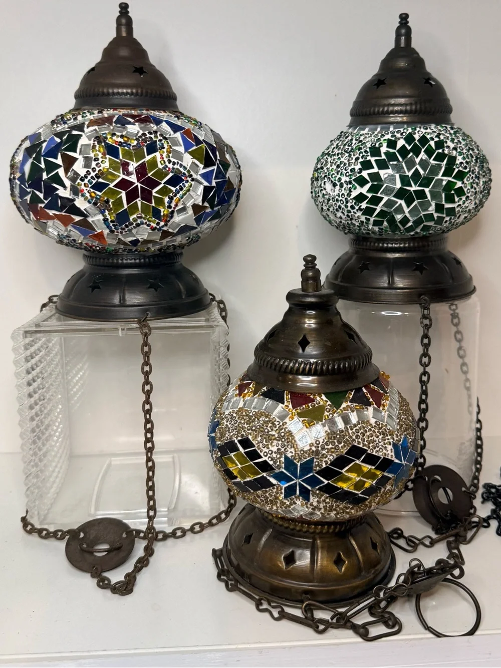 Set of 3 Turkish Moroccan Mosaic & Beaded Hanging Lantern Lamps